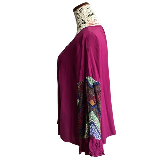 Entro women's boho-style peasant blouse v-neck bell sleeves size L magenta - Picture 3 of 9